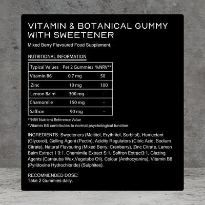 Nutritional information label for a vitamin and botanical gummy supplement on a gray background