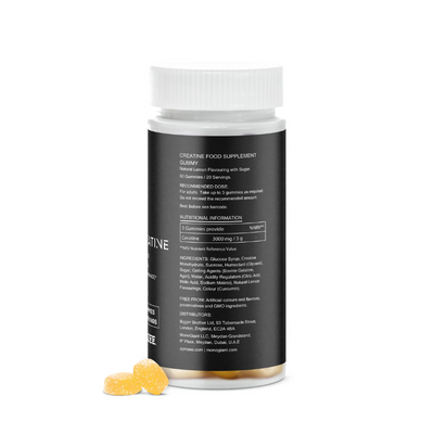 Supplement bottle with label and two yellow gummy bears on a white background