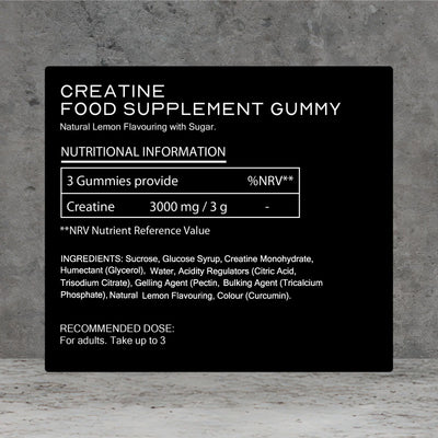 Nutritional information label for creatine food supplement gummies on a gray background