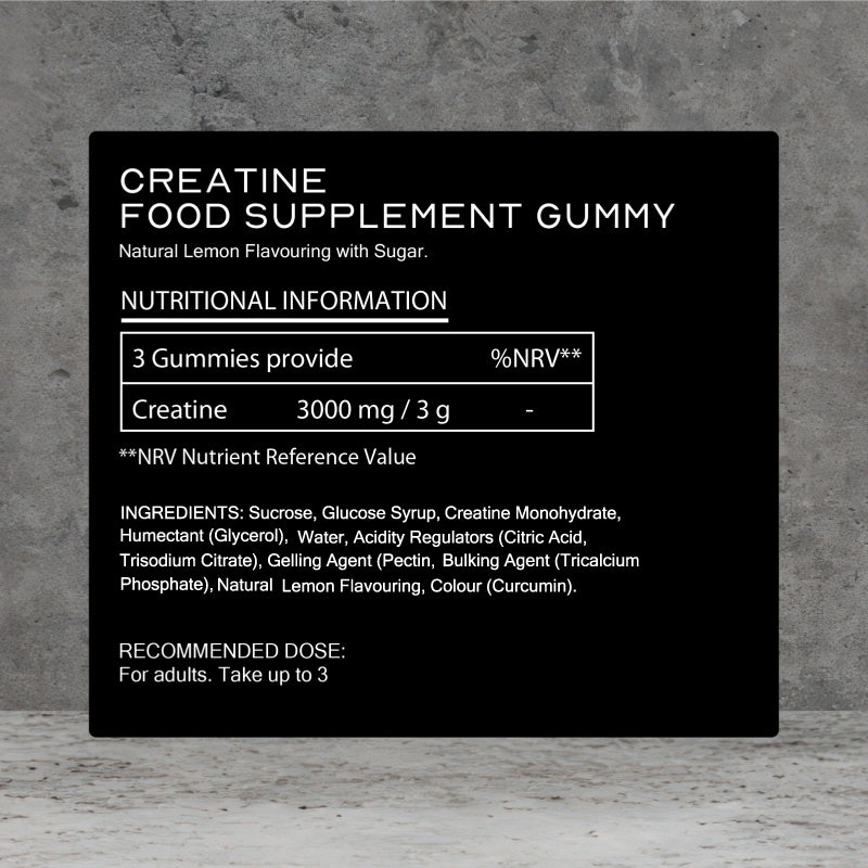 Nutritional information label for creatine food supplement gummies on a gray background