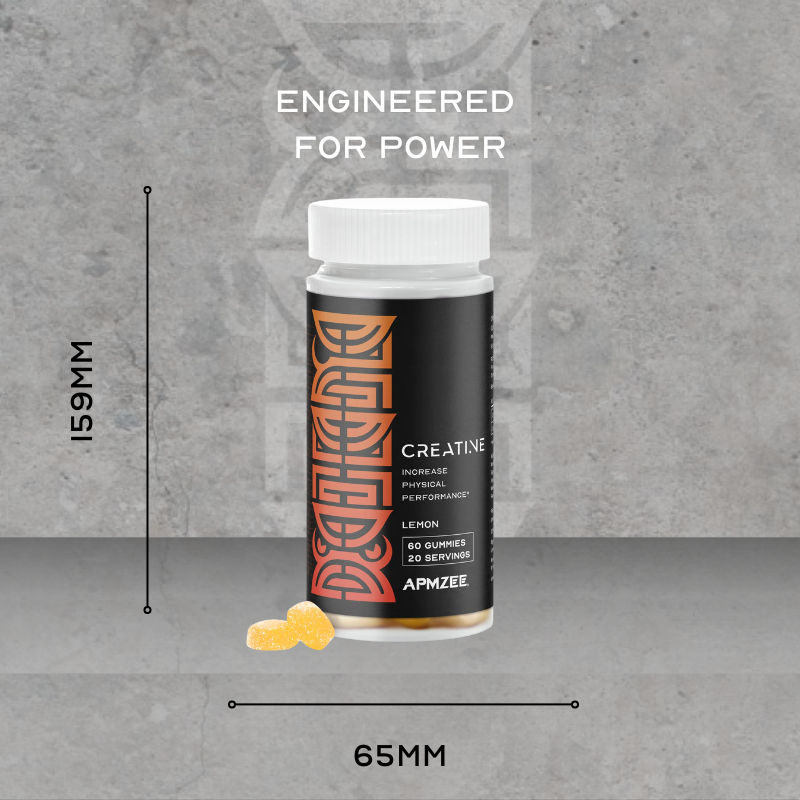 Bottle of APMZEE Creatine with dimensions on a gray background
